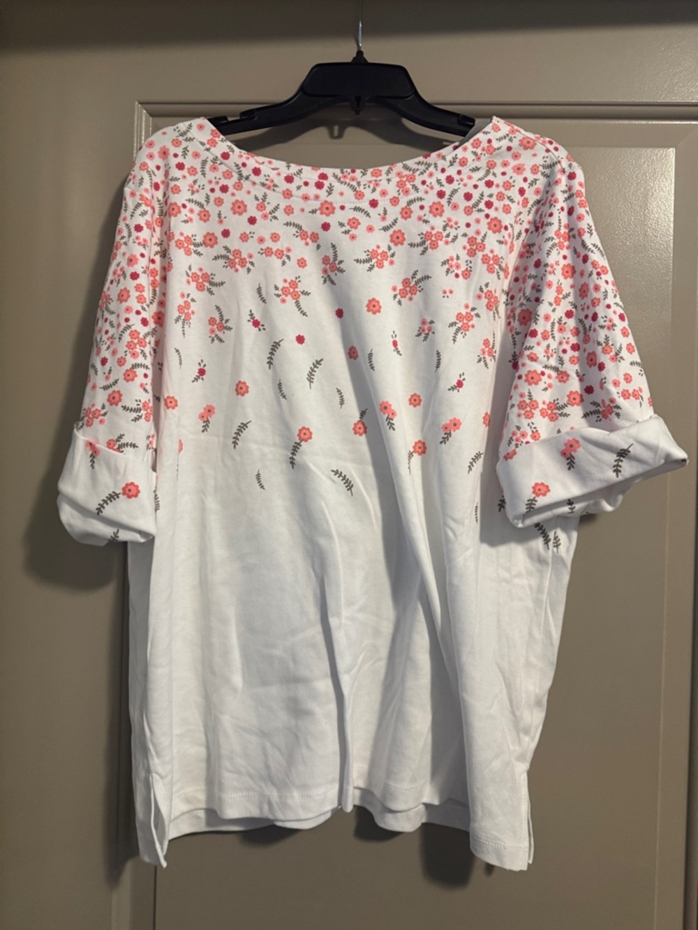 Women's White Short Sleeve Tee with Pink Floral Print